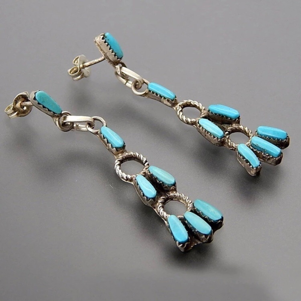 SOLD Boho String Blue & Silver Tone Beaded Stud Earrings - Picture 4 of 7